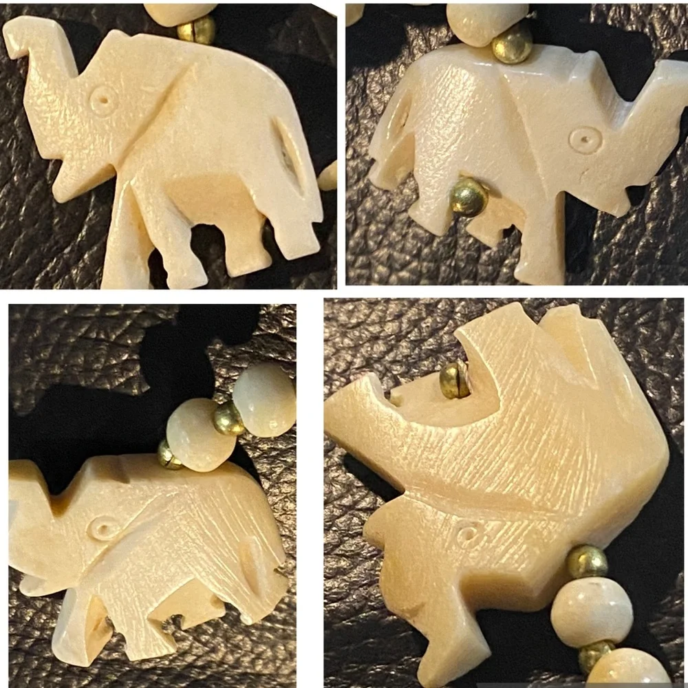 Vintage Carved Bone Cream Beaded Necklace with 3 Elephant Pendants Good Luck